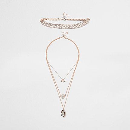 River Island Womens Rose Gold Tone Rhinestone Pave Necklace Set