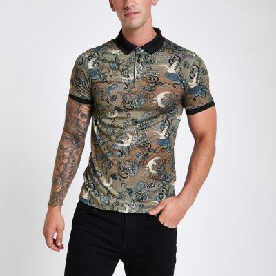 River Island Mens Crane Print Muscle Fit Polo Shirt