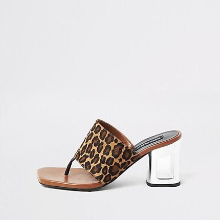 River Island Womens Leather Leopard Mule Heeled Sandal