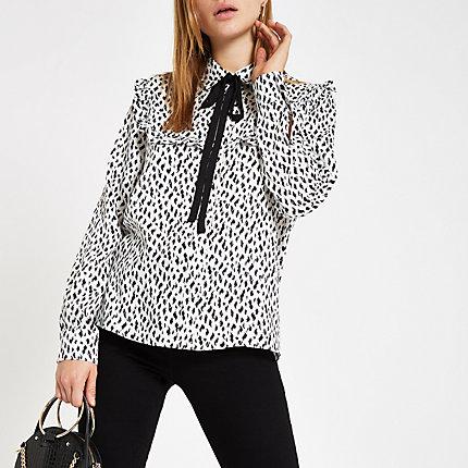 River Island Womens White Spot Print Tie Neck Shirt