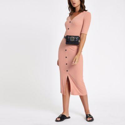 River Island Womens Button Short Sleeve Midi Bodycon Dress
