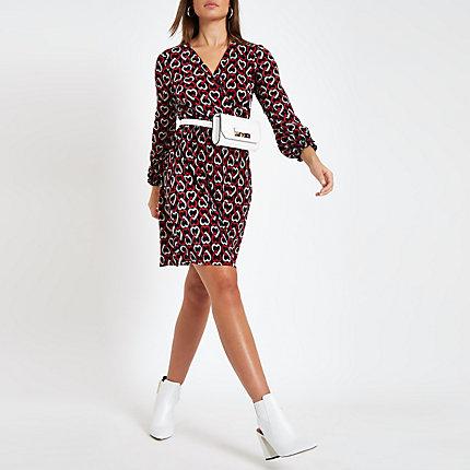 River Island Womens Plisse Heart Print Waisted Mini Dress
