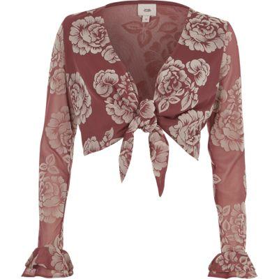 River Island Womens Floral Flocked Knot Front Crop Top