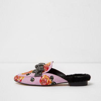 River Island Womens Floral Embroidered Bow Backless Loafers