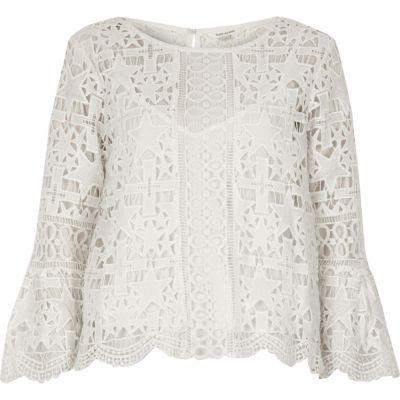 River Island Womens White Lace Bell Sleeve Star Top
