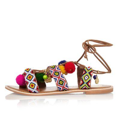 River Island Womens Print Leather Pom Pom Sandals
