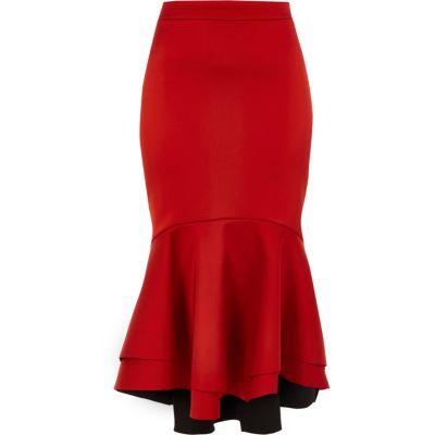 River Island Womens Tiered Fishtail Hem Satin Pencil Skirt
