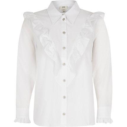 River Island Womens Petite White Frill Bib Long Sleeve Shirt