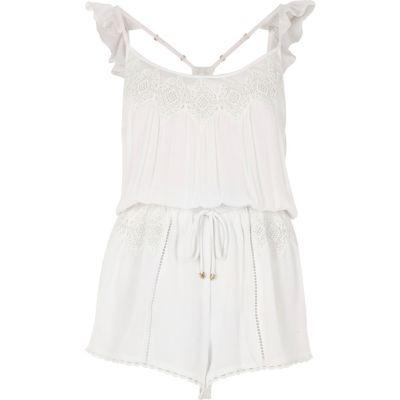 River Island Womens White Lace Insert Frill Shoulder Romper