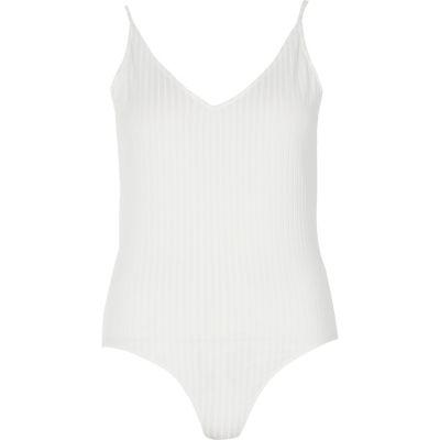River Island Womens White Rib V Neck Bodysuit