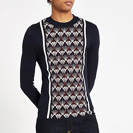 River Island Mens Muscle Fit Geo Print Blocked Jumper