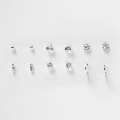 River Island Womens Silver Tone Diamante Stud Earrings Pack