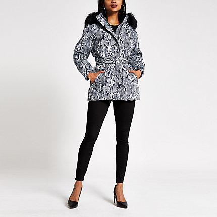 River Island Womens Petite Snake Print Belt Puffer Jacket