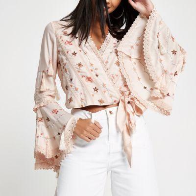 River Island Womens Embroidered Frill Wrap Crop Top