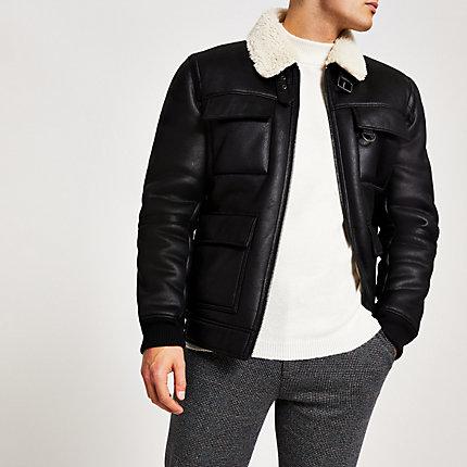 River Island Mens Faux Leather Shearling Jacket
