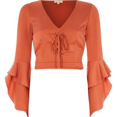 River Island Womens Copper Lace-up Frill Sleeve Crop Top