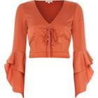 River Island Womens Copper Lace-up Frill Sleeve Crop Top