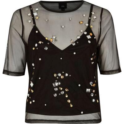 River Island Womens Mesh Gem Embellished T-shirt
