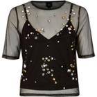 River Island Womens Mesh Gem Embellished T-shirt