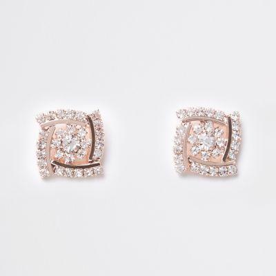 River Island Womens Rose Gold Square Diamante Stud Earrings