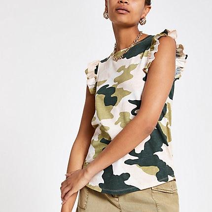 River Island Womens Camo Frill Tank Top