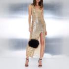 River Island Womens Gold Sequin Plunge Split Front Maxi Dress