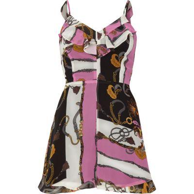 River Island Womens And Pink Scarf Print Frill Playsuit