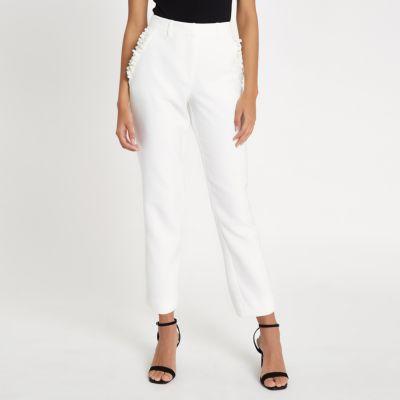 River Island Womens White Frill Pocket Cigarette Trousers