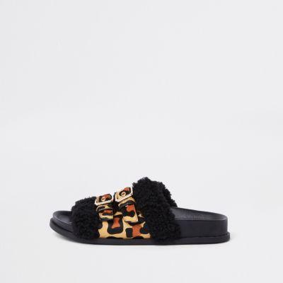 River Island Womens Leopard Print Wide Fit Buckle Slides