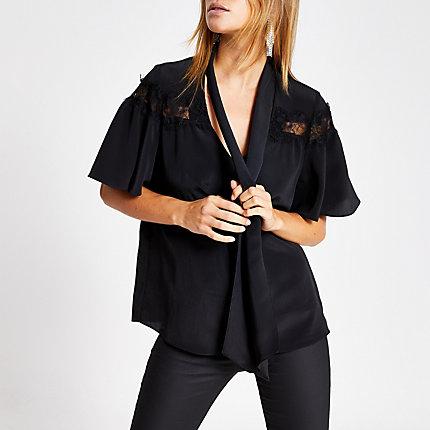 River Island Womens Lace Tie Neck Short Sleeve Blouse