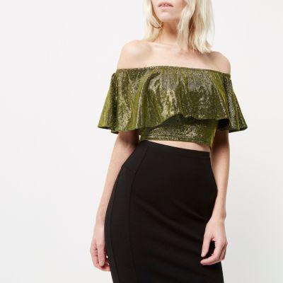 River Island Womens Petite Gold Deep Frill Bardot Crop Top