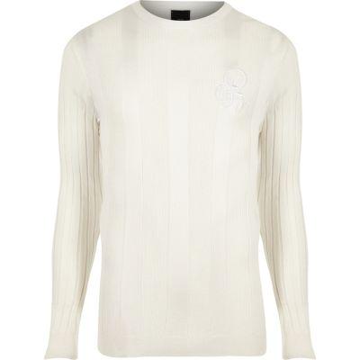 River Island Mens White Rib Muscle Fit Long Sleeve Jumper