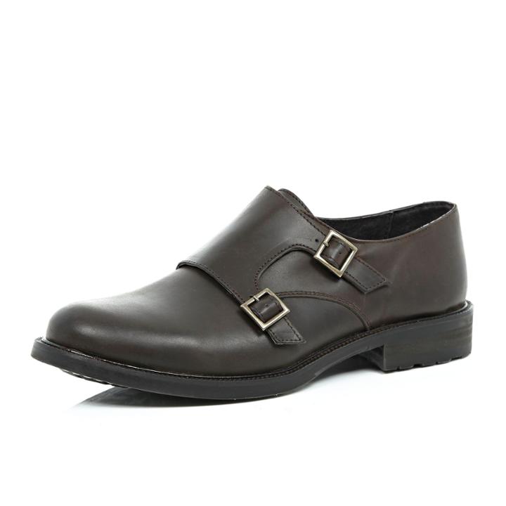 River Island Mensbrown Leather Chunky Sole Monk Strap Shoes