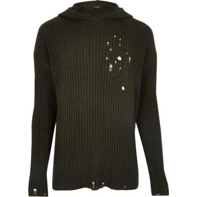 River Island Mensdark Ripped Knit Hoodie