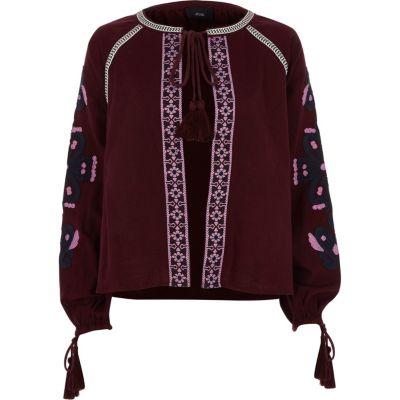 River Island Womens Folk Trim Tie Sleeve Top