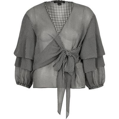 River Island Womens Gingham Puff Sleeve Chiffon Top