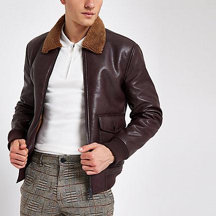 River Island Mens Faux Leather Borg Collar Jacket