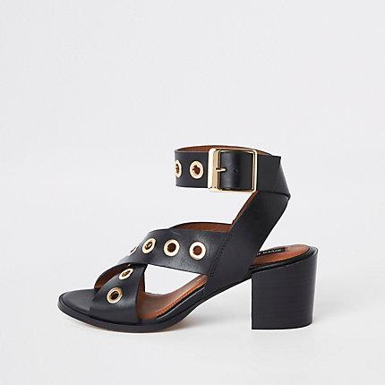 River Island Womens Leather Eyelet Block Heel Sandals