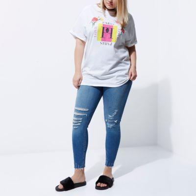 River Island Womens Plus White 'paris' Print Boyfriend T-shirt