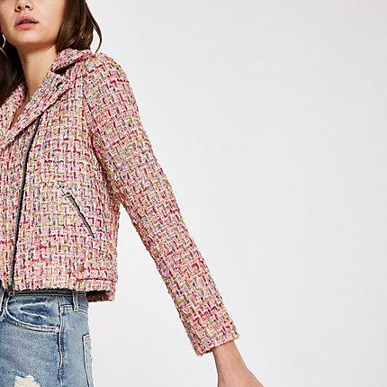 River Island Womens Check Boucle Biker Jacket