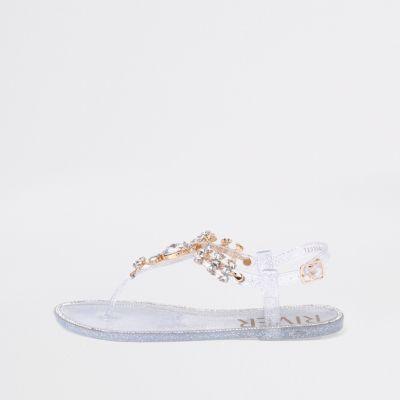 River Island Womens Silver Gem Embellished Jelly Sandals