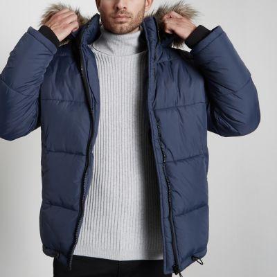 River Island Mens Faux Fur Hood Nylon Puffer Coat