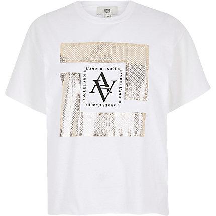 River Island Womens Petite White Foil Print T-shirt