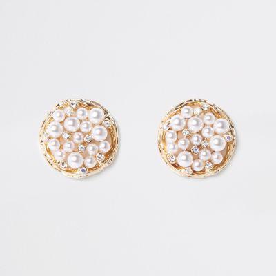 River Island Womens Gold Tone Pearl Cluster Round Stud Earrings