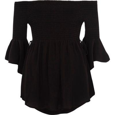 River Island Womens Shirred Bardot Bell Sleeve Top