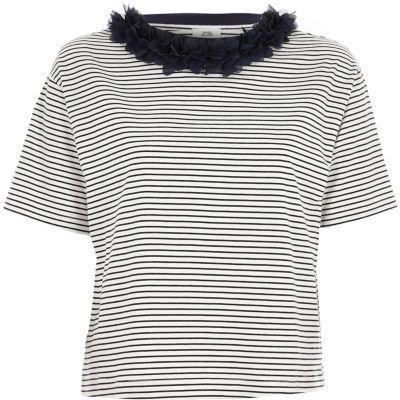 River Island Womens Stripe Flower Neck Boxy T-shirt