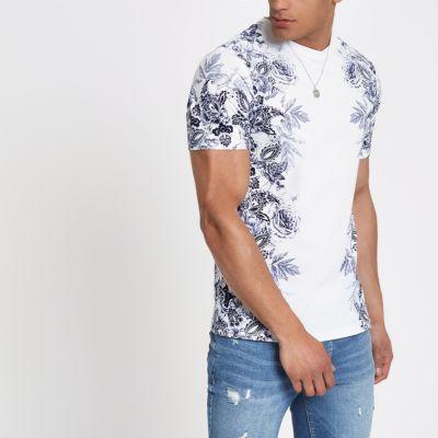 River Island Mens White Floral Slim Fit T-shirt