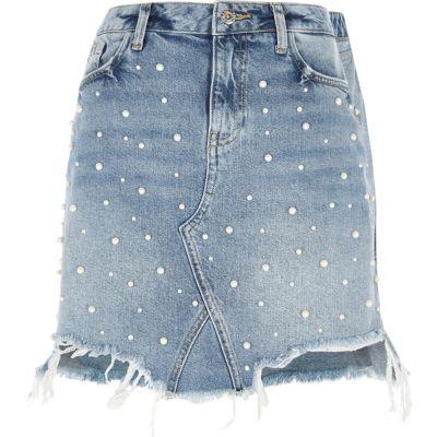 River Island Womens Faux Pearl Ripped Denim Mini Skirt