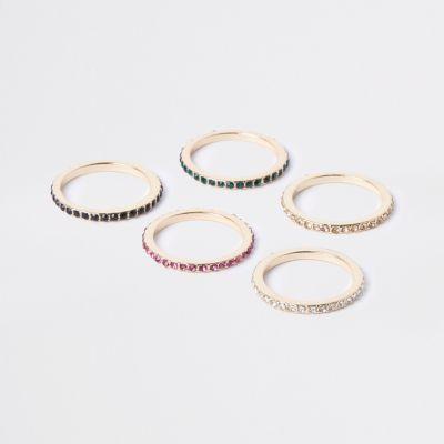 River Island Womens Gold Tone Diamante Embellished Ring Pack