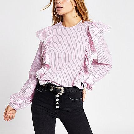 River Island Womens Stripe Long Sleeve Frill Blouse